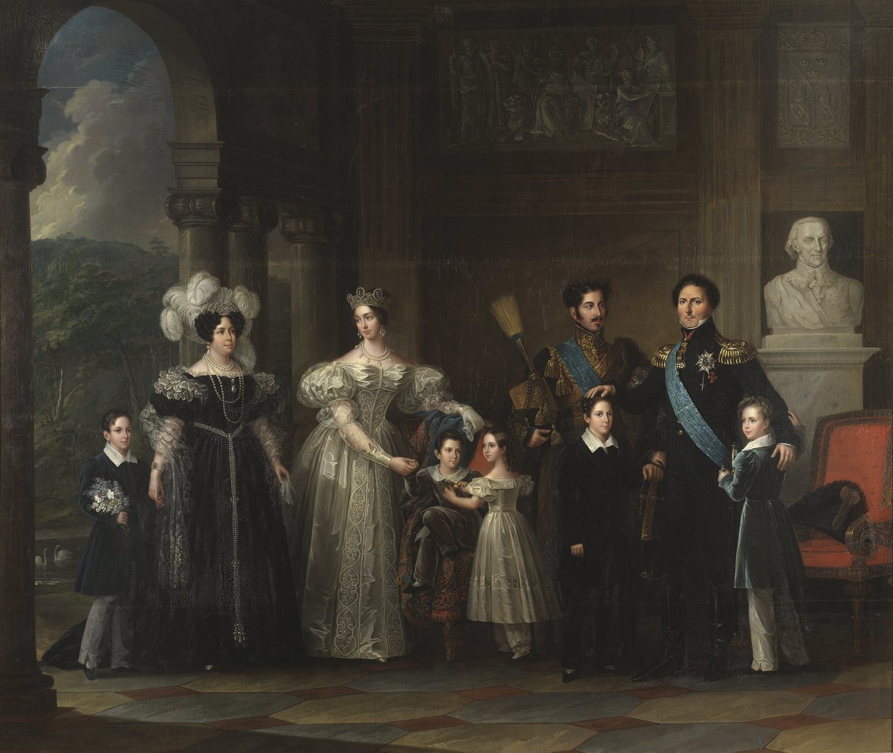 Família Bernadotte (monarquia de Suede e Norvege): Oscar I (1799-1859), Desiree Clary (1777-1860), Josephine de Leuchtenberg (1807-1867), Carlos XV (1826-1872), Oscar II (1829-1907), Carlos XIV Jean (1763-1844), o príncipe Gustave (1827-1852) e o príncipe de Fredric Westin