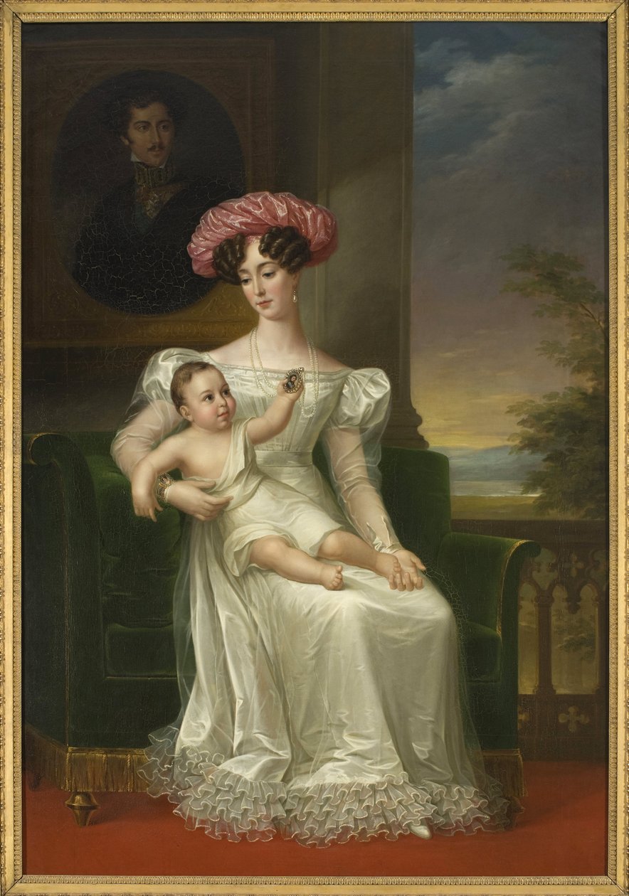 Josefina de Leuchtenberg, rainha da Suécia e da Noruega (com o filho Carlos XV nos braços, sentado diante de um retrato do rei Oscar I) - Retrato de Josefina de Leuchtenberg (1807-1876), rainha da Suécia e da Noruega, de Westin, Fredric (1782-1862). Óleo s de Fredric Westin