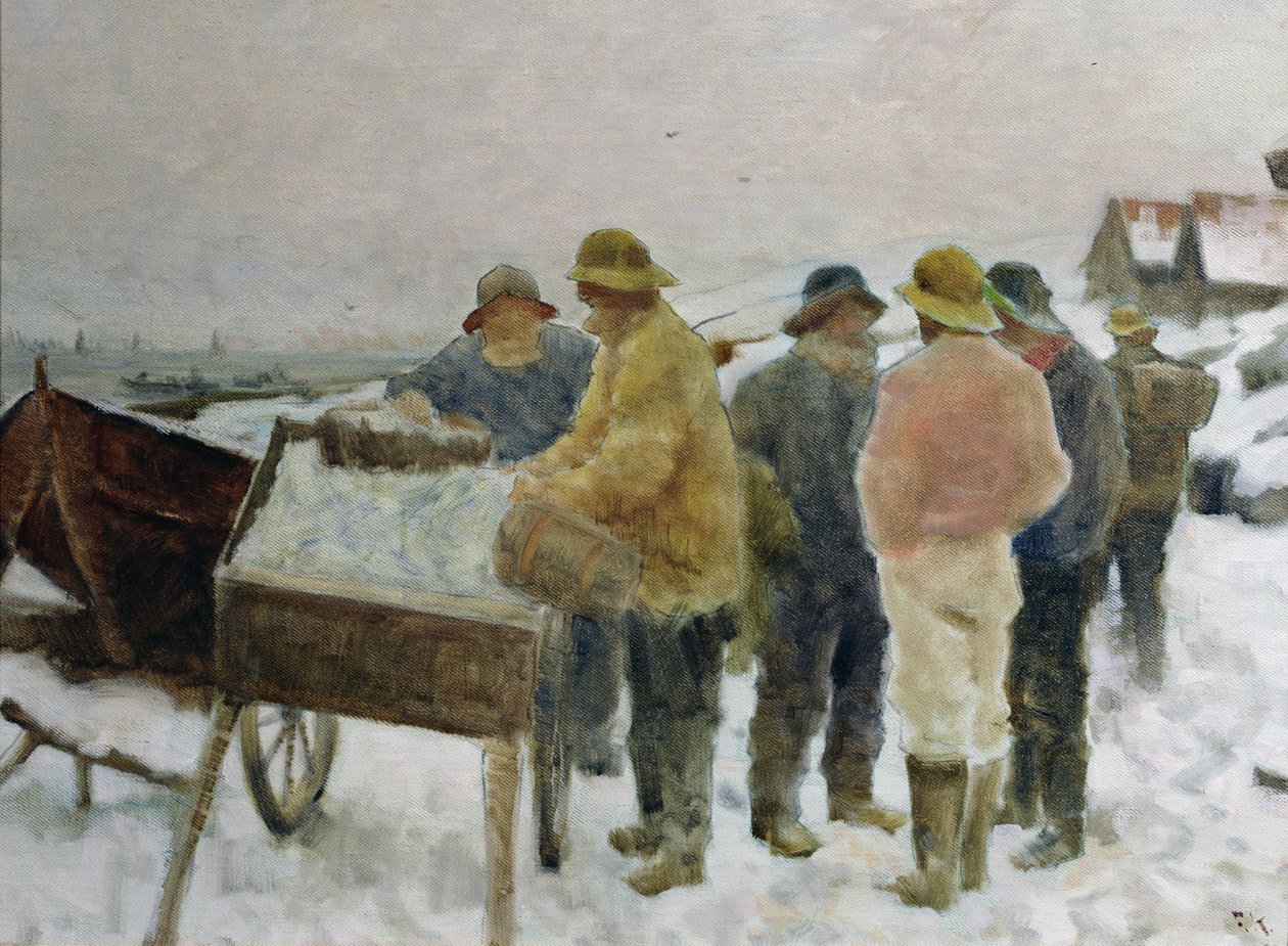 Pescadores ao redor do carrinho de arenque de Fredrik Kolstoe