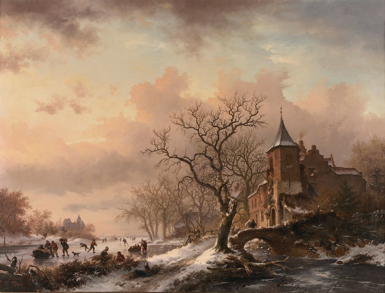 Castelo numa paisagem de inverno e patinadores num rio gelado de Fredrik Marinus Kruseman