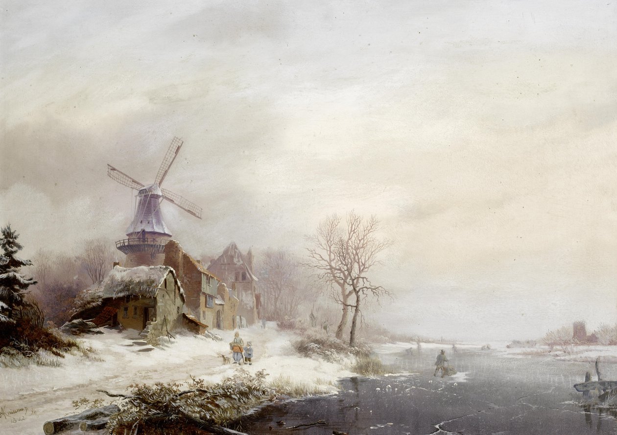 Holandês: Paisagem de inverno com aldeia, moinho de vento e figuras Paisagem de inverno com aldeia, moinho de vento e figuras de Fredrik Marinus Kruseman