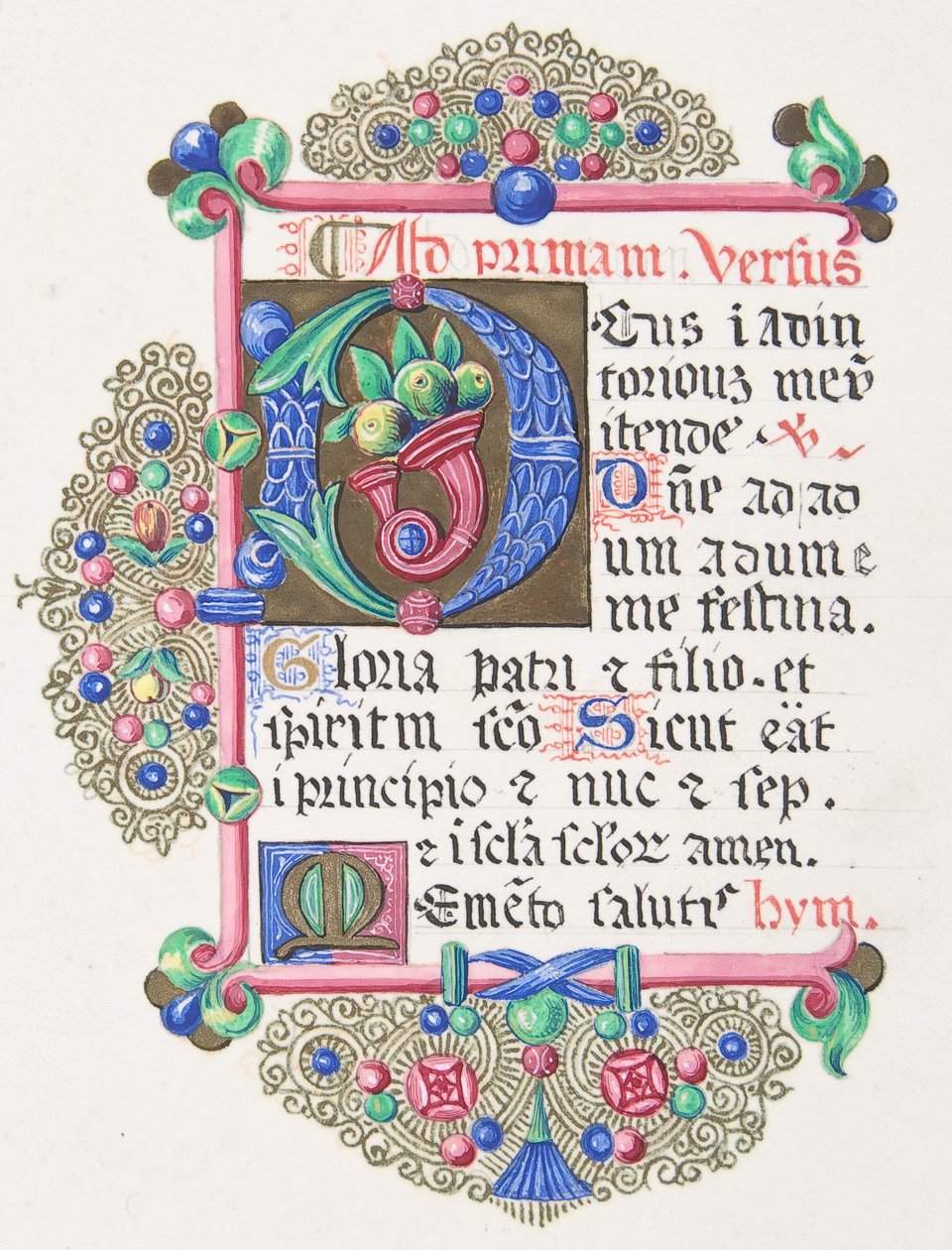Letra D iluminada dentro de uma borda decorada, 1830-62. de Freeman Gage Delamotte