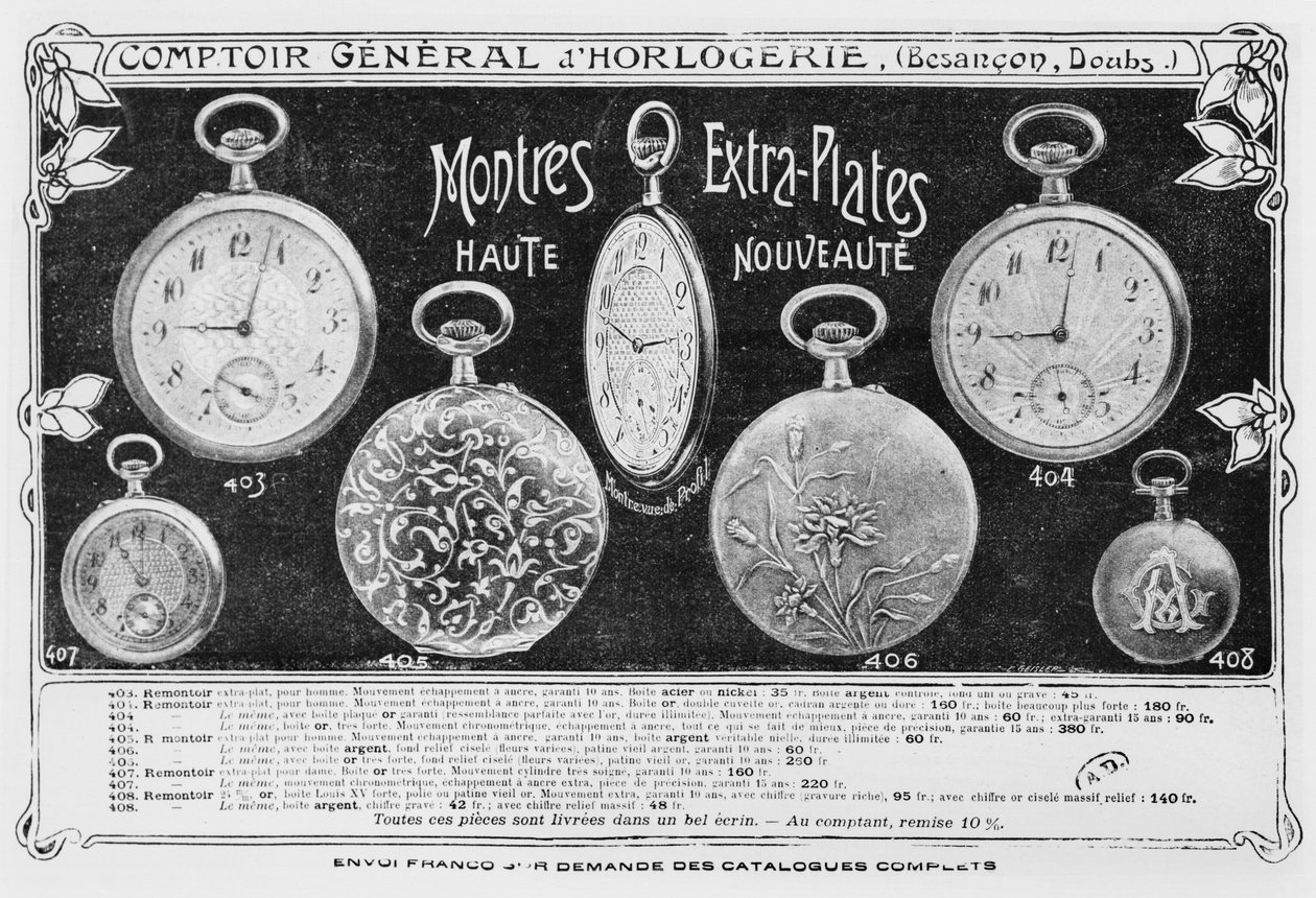 Publicidade para relógios fob, Comptoir General dhorlogerie, c.1900 de French Photographer