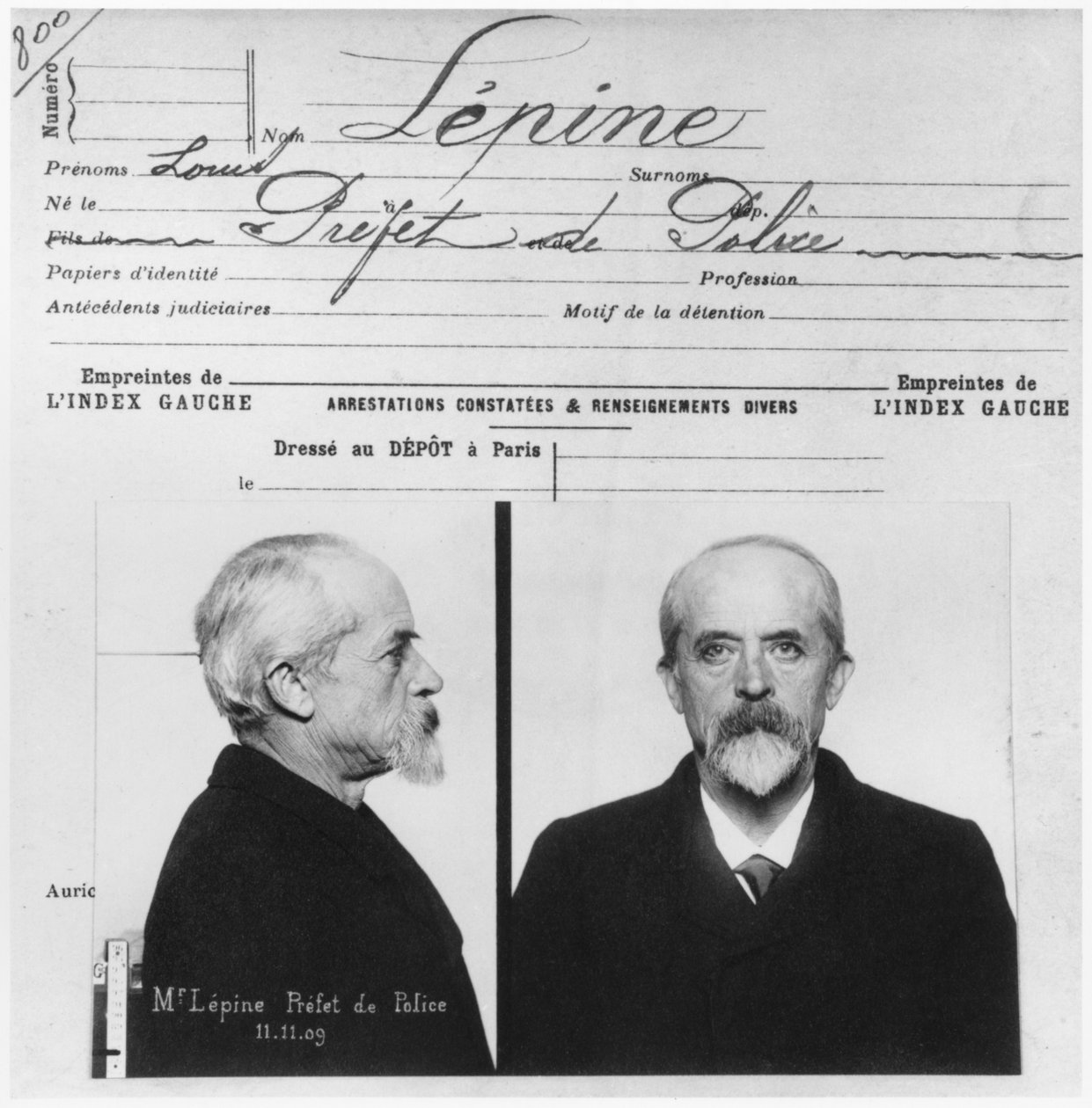 Registro policial antropométrico de Louis Jean-Baptiste Lepine, Prefeito de Polícia, 11 de novembro de 1909 de French Photographer