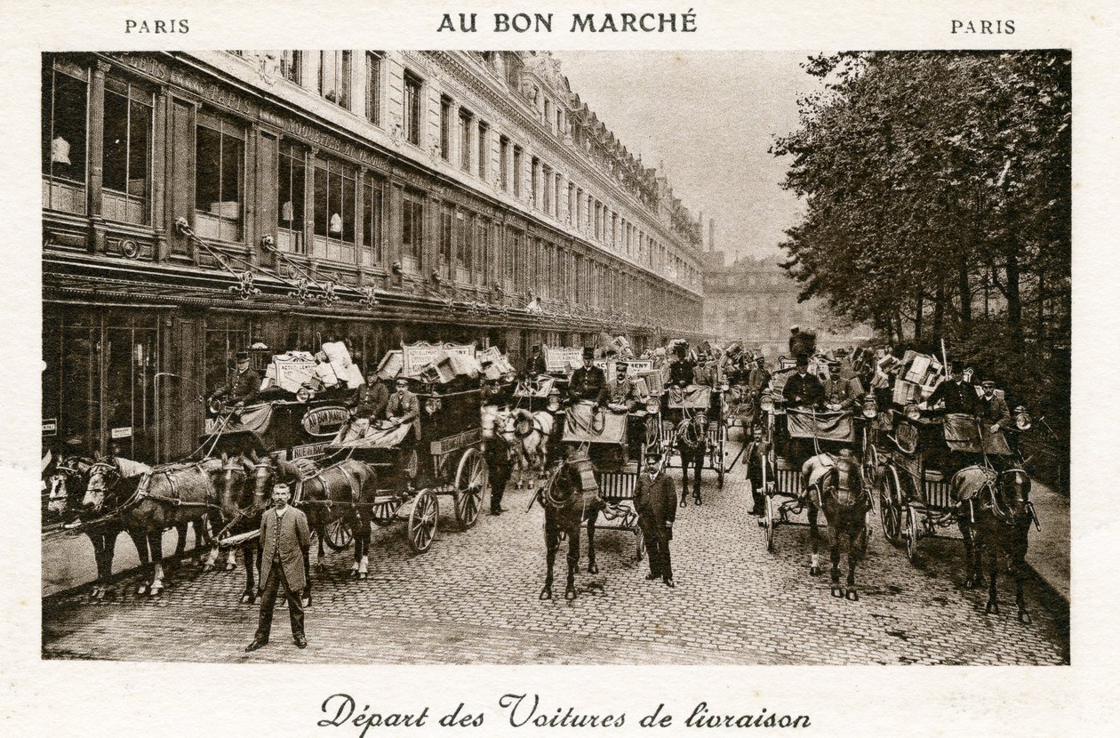 Partida de Vans de Entrega das Lojas de Departamento Bon Marché, Paris, c.1890 de French Photographer