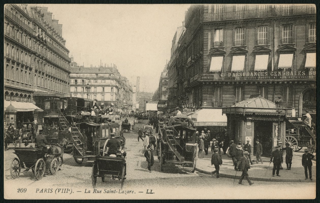 Cartão postal representando Rue Saint-Lazare em Paris, c.1900 (photolitho) de French Photographer