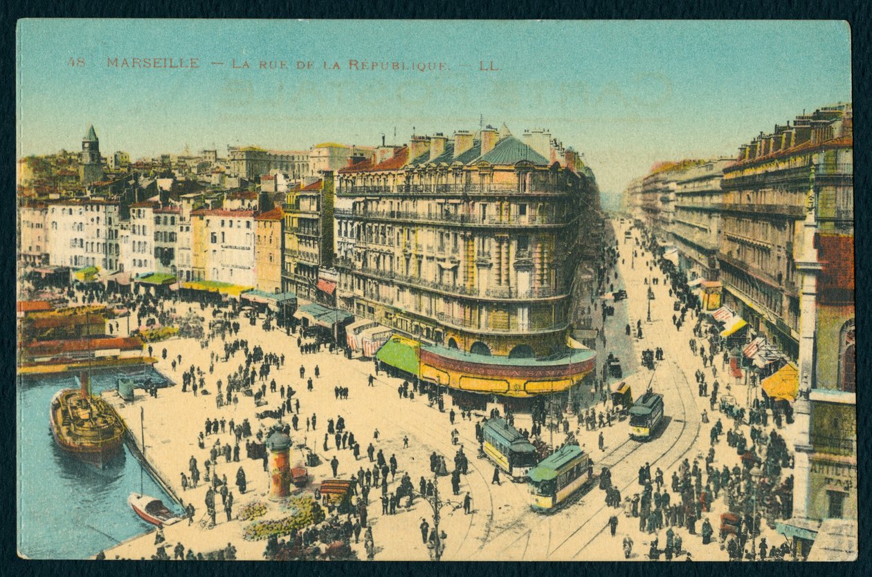Cartão postal retratando a Rue de la Republique em Marselha, França, c.1920 (foto colorida bw) de French Photographer