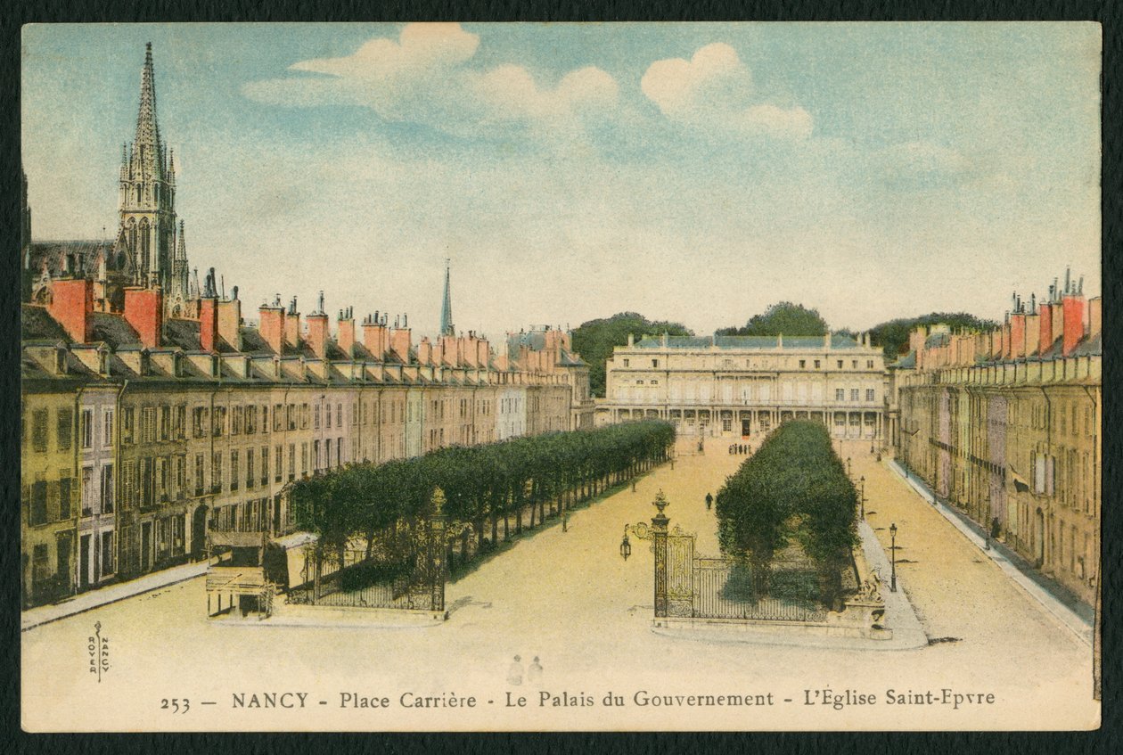 Postal De La Carriere Square, o Palais du Gouvernement e a Igreja de Saint-Epvre em Nancy, França, c.1920 (foto colorida de bw) de French Photographer