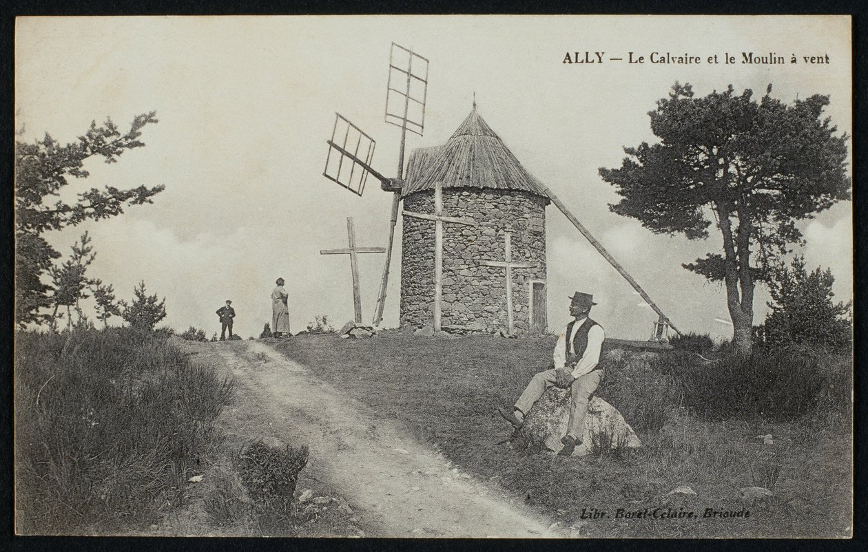Cartão postal, descrevendo, a, calvário, e, a, moinho de vento, em, aliado, le, Puy-en-Velay, c.1900 de French Photographer