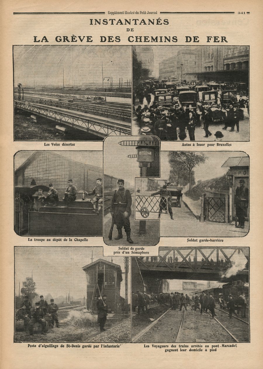 Instantâneos da greve dos trens, ilustração do &39;Le Petit Journal&39;, suplemento ilustrado, 23 de outubro de 1910 de French Photographer