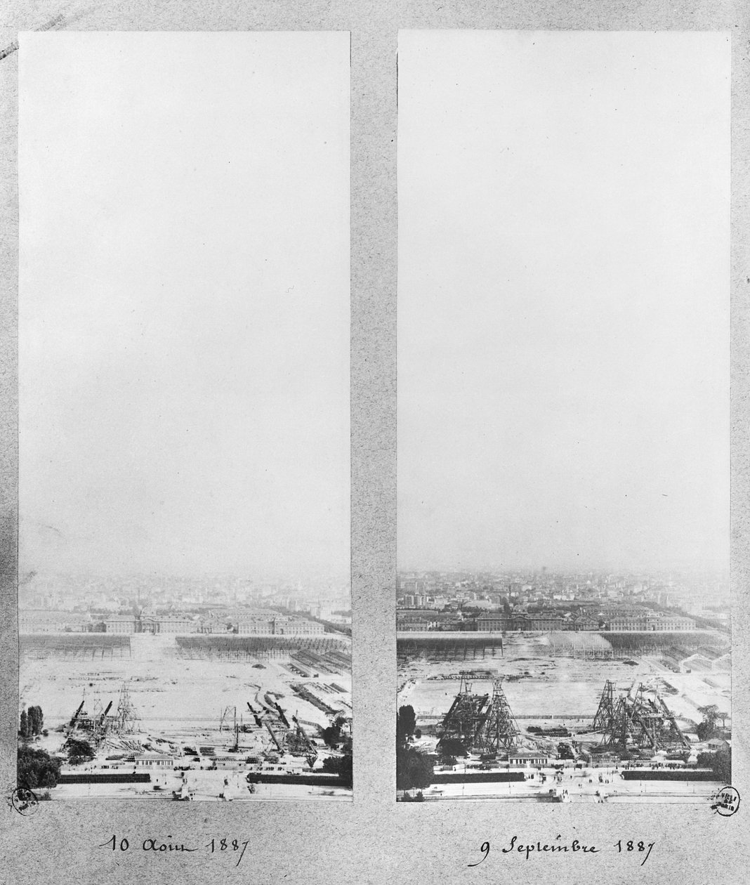 Duas vistas da construção da Torre Eiffel, Paris, 10 de agosto e 9 de setembro de 1887 de French Photographer