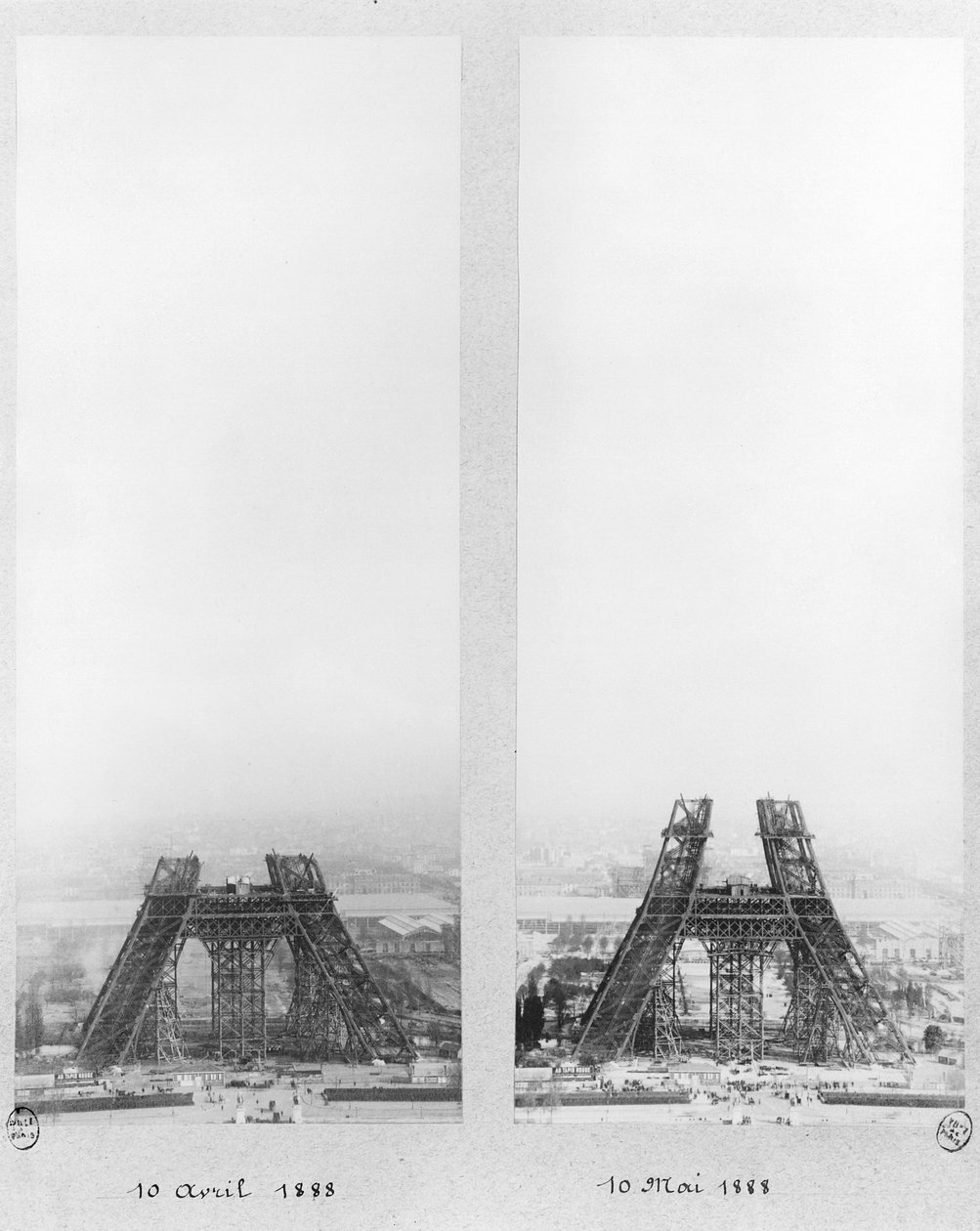 Duas vistas da construção da Torre Eiffel, Paris, 10 de abril e 10 de maio de 1888 de French Photographer
