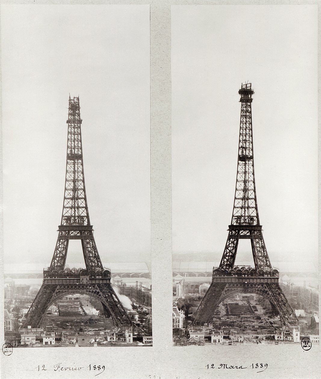 Duas vistas da construção da Torre Eiffel, Paris, 12 de fevereiro e 12 de março de 1889 de French Photographer