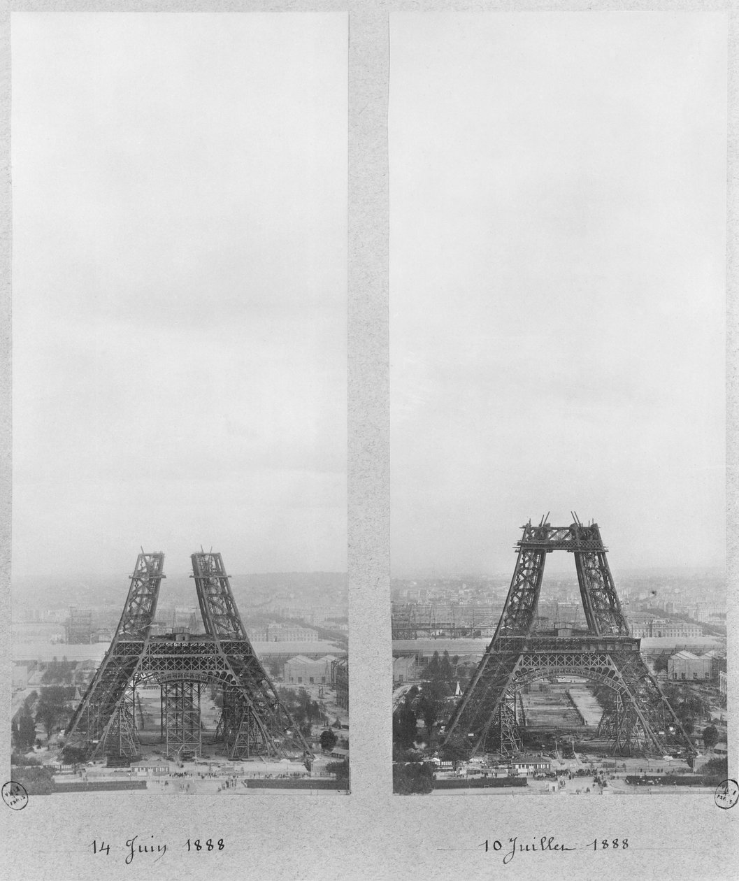 Duas vistas da construção da Torre Eiffel, Paris, 14 de junho e 10 de julho de 1888 de French Photographer