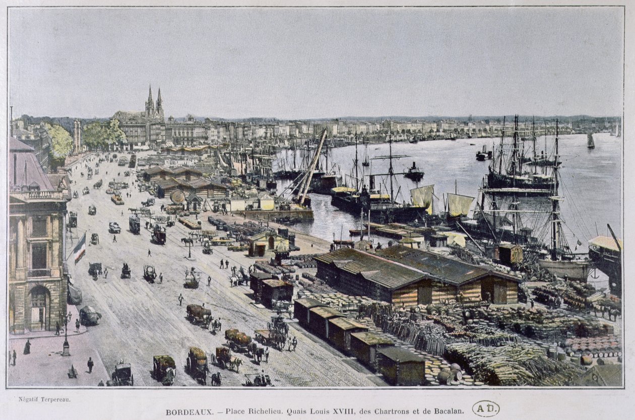 Vista do porto de Bordeaux com Place Richelieu e o Quais Louis XVIII, des Chartrons und de Bacalan, final do século XIX (foto colorida) de French Photographer