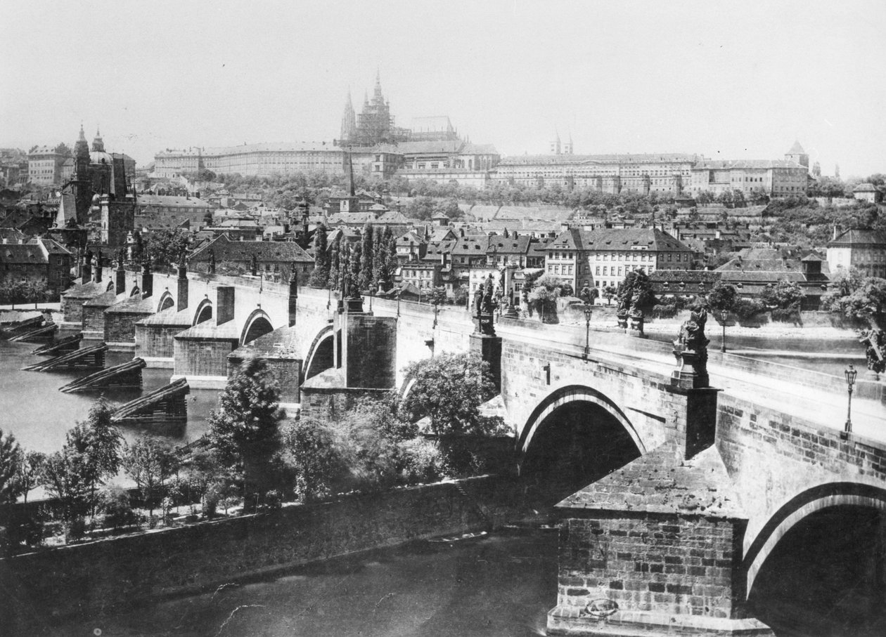 Vista, de, praga, mostrando, a, palácio imperial, (Hradschin), e, a, ponte charles, tarde, 19o século de French Photographer