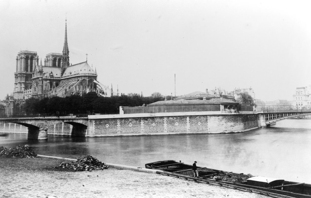 Vista da Catedral de Notre-Dame em Paris, o Quai de la Tournelle e o Rio Sena, c.1900 de French Photographer