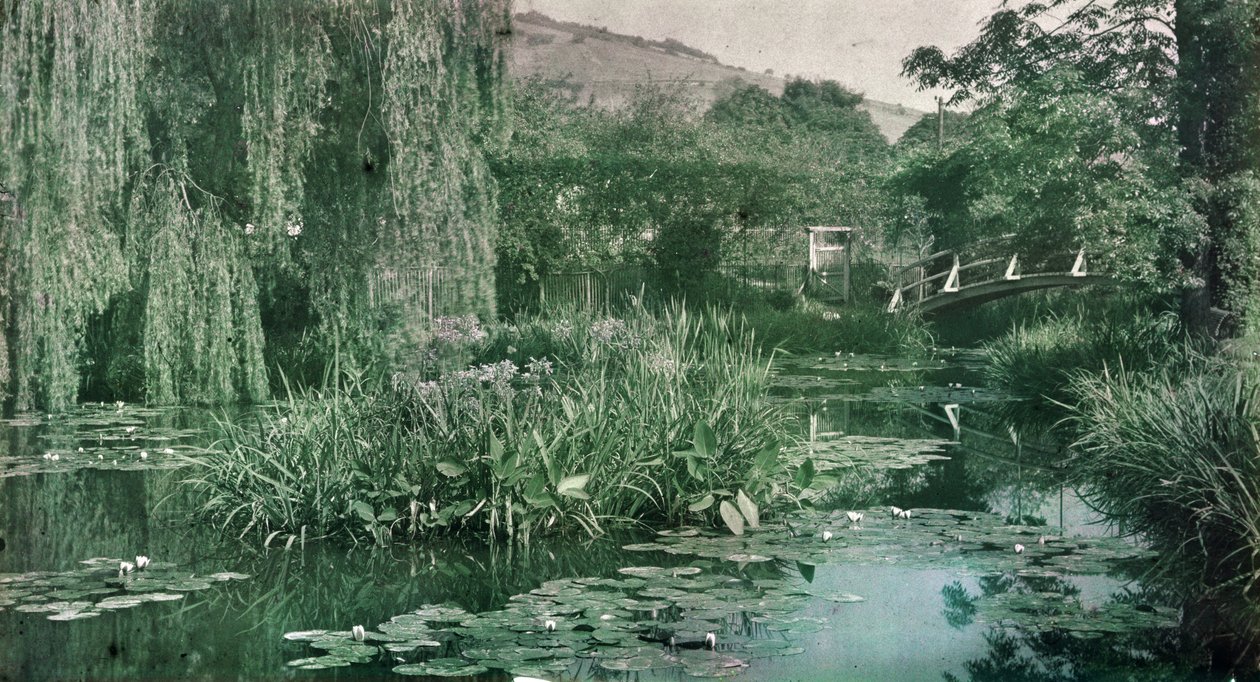 Waterlily Pond e ponte japonesa no jardim de Monet em Giverny, início de 1920 (foto) de French Photographer