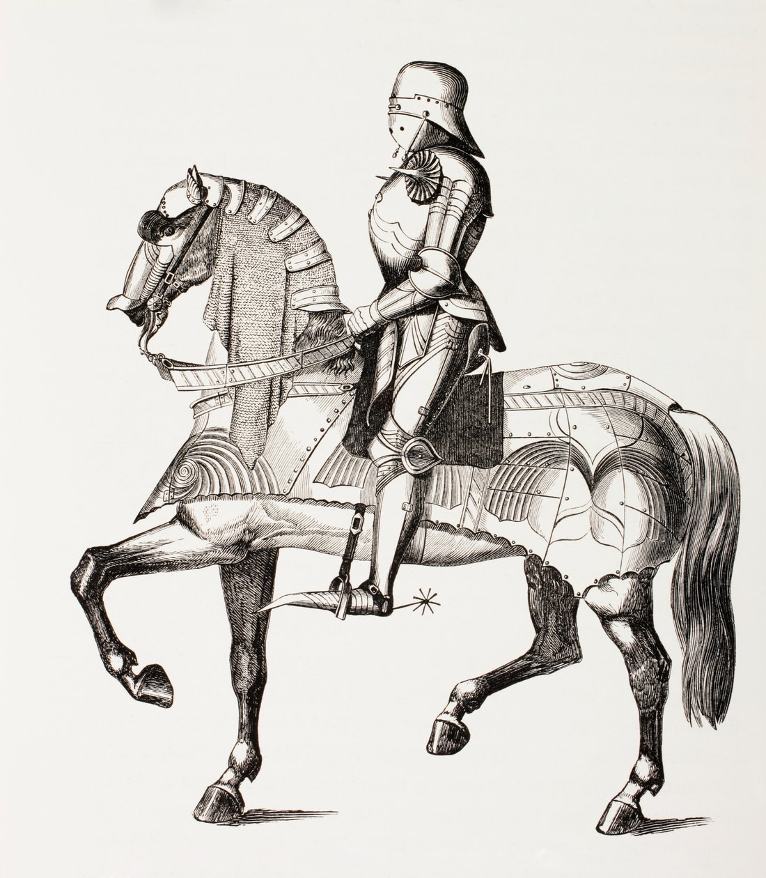 Cavaleiro do século 15 com armadura completa montada em um cavalo com armadura, de &39;Les Arts au Moyen Age&39;, publicado em 1873 de French School