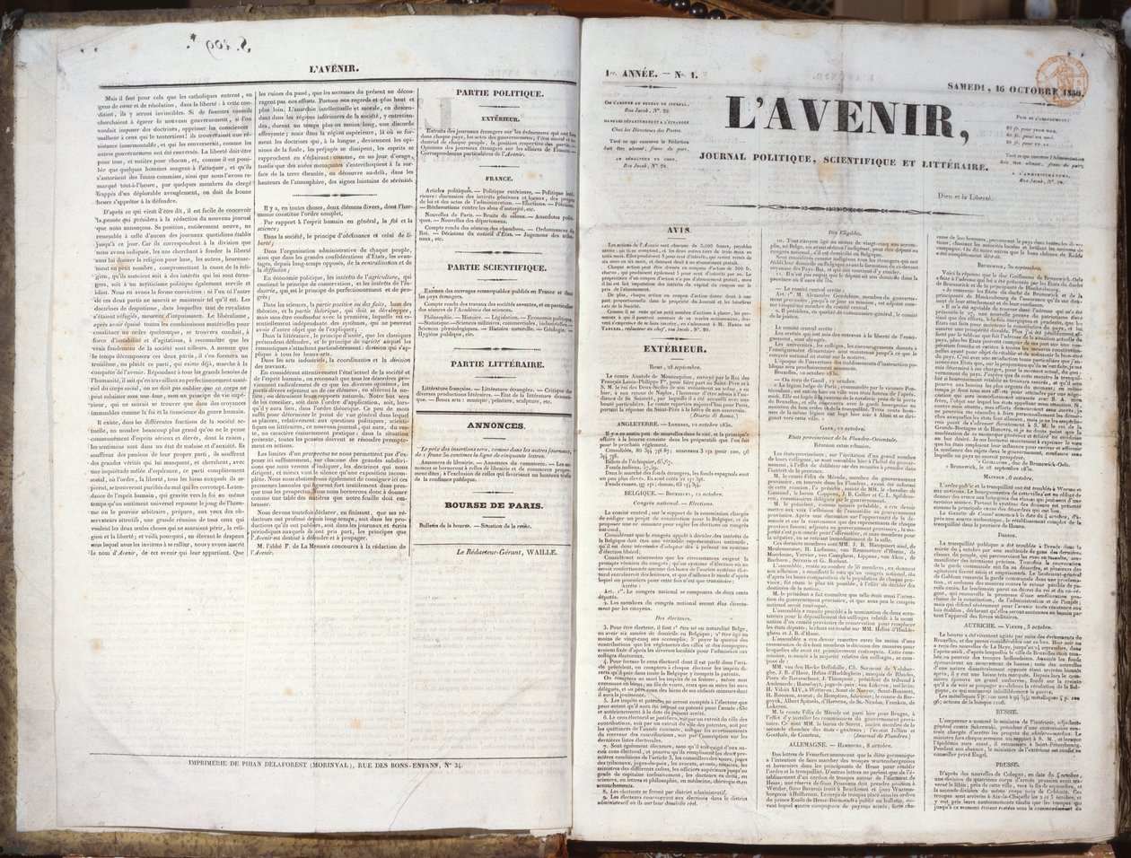 1ª edição da Revista LAvenir, 16 de novembro de 1830 (impresso) de French School