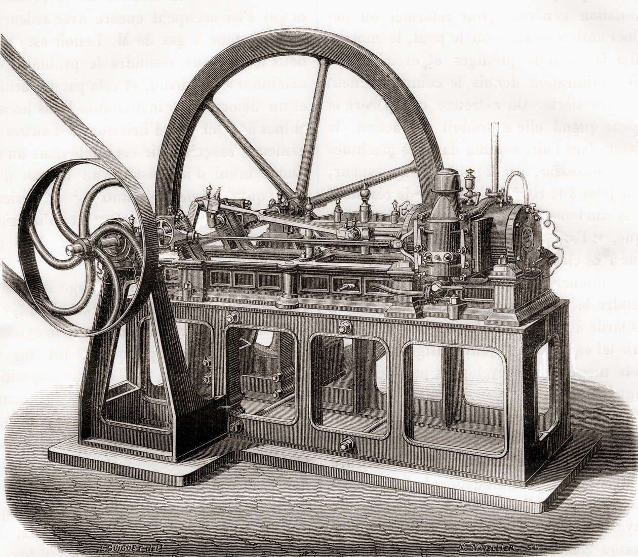 Um motor movido a gás do século 19, de The Wonders of Science, publicado em 1870 de French School