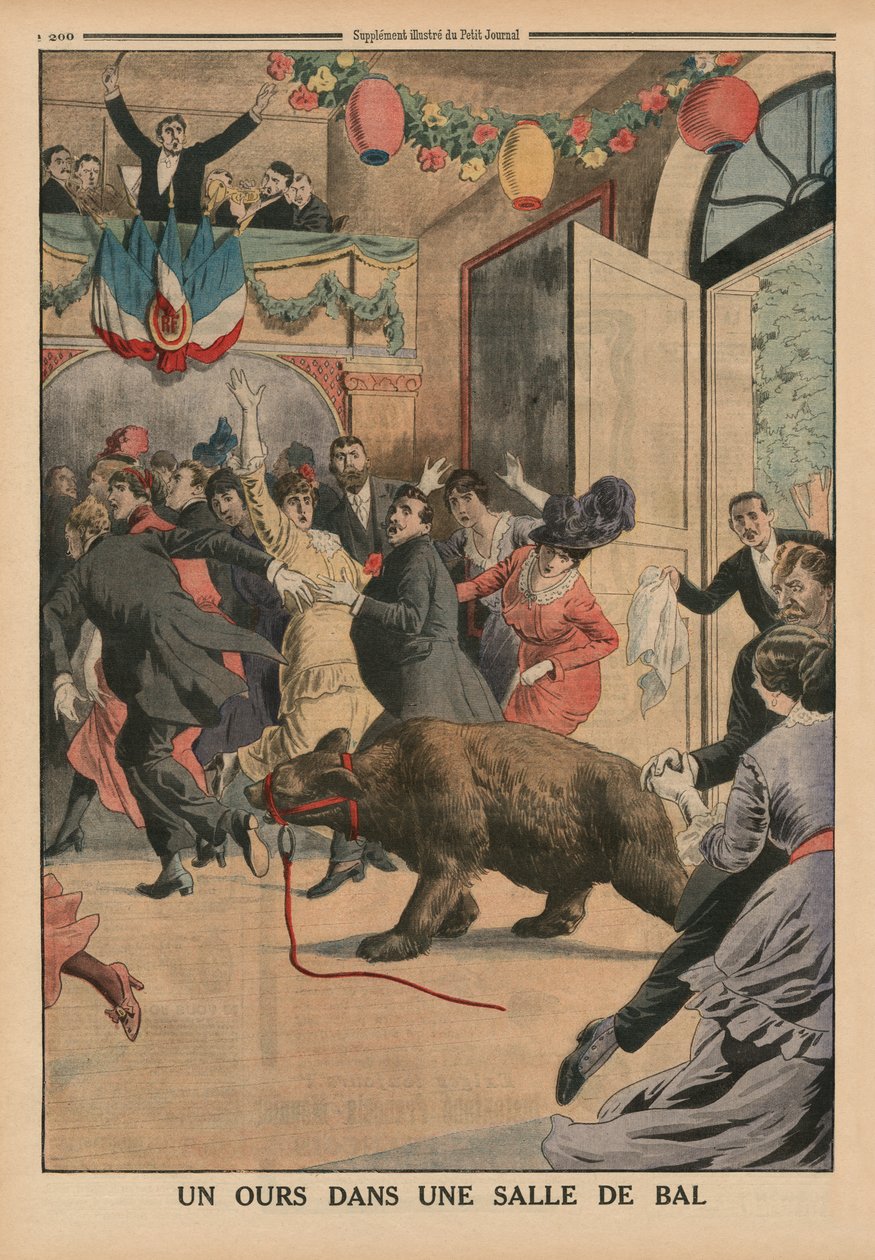Um urso em um salão de baile, ilustração de capa de &39;Le Petit Journal&39;, suplemento ilustre, 21 de junho de 1914 de French School