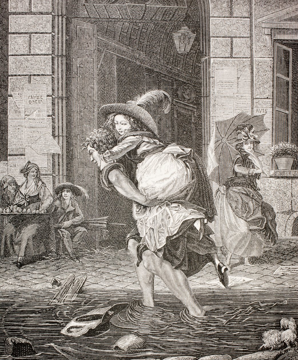 Um portador que transporta uma mulher do outro lado da rua em um dia chuvoso no século XVIII Paris, 1875 de French School