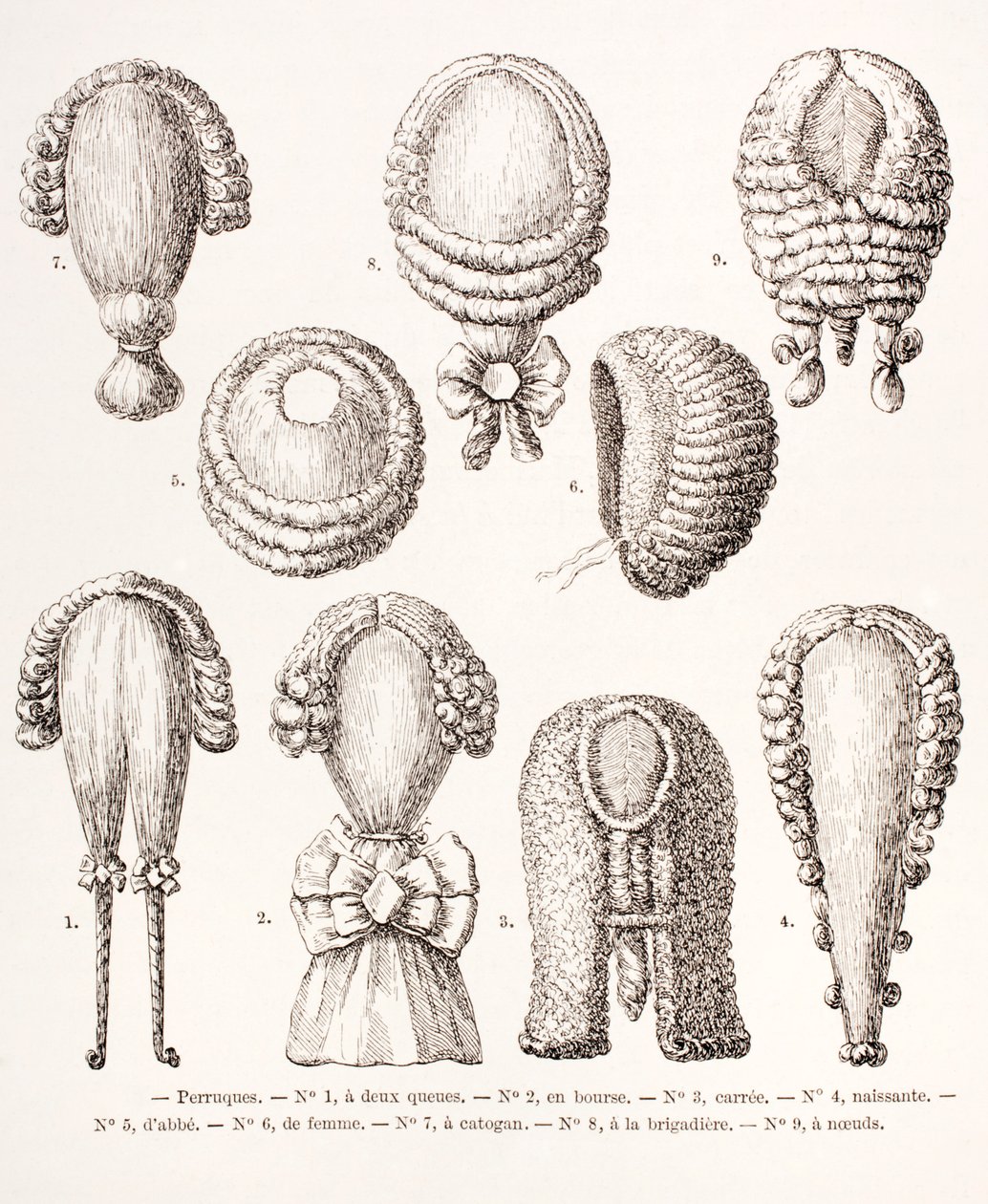 Uma coleção de perucas do século XVIII masculinas e femininas, 1875 de French School