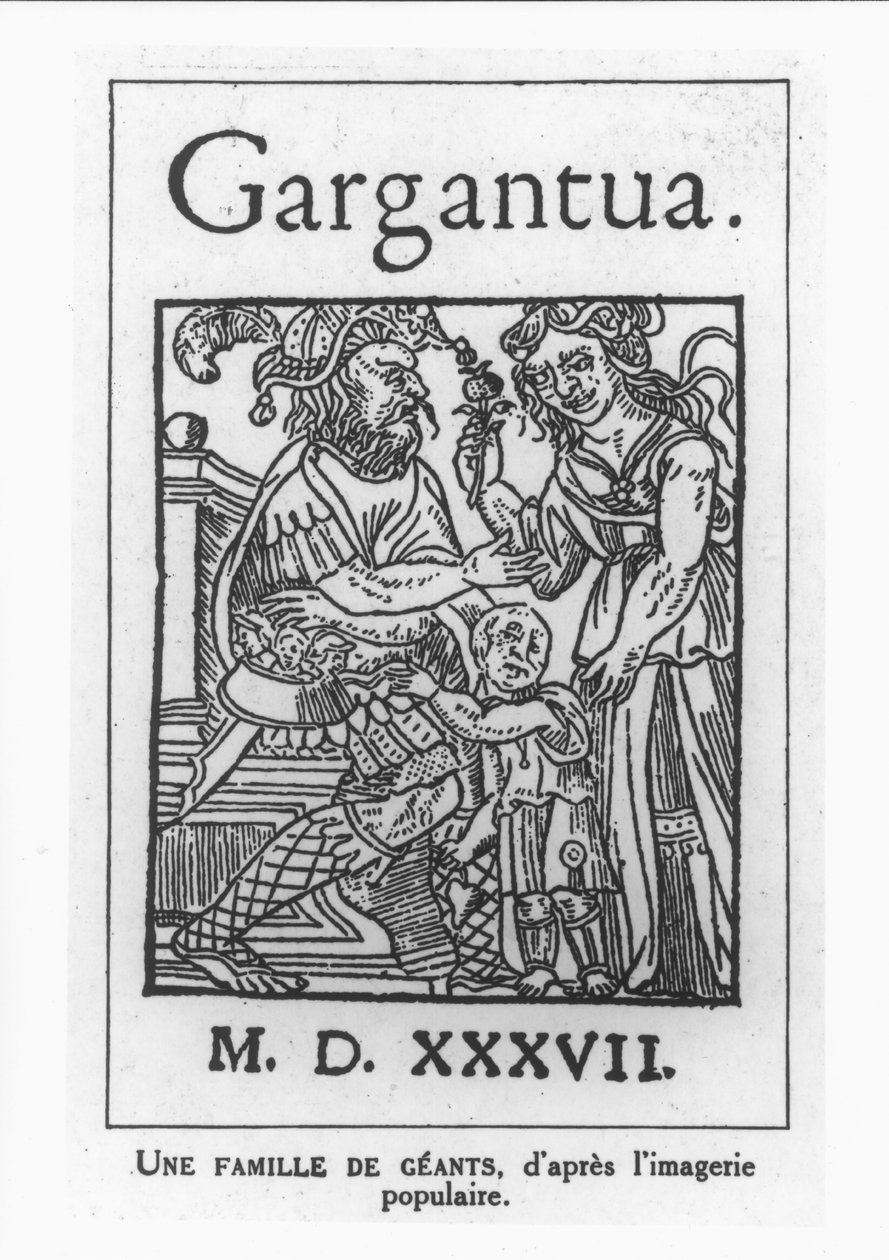 Uma Família de Gigantes, ilustração de &39;Gargantua&39; de François Rabelais (c.1483-1553) 1537 (xilogravura) de French School