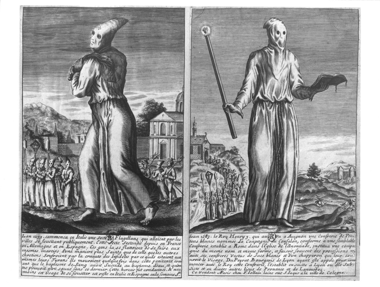 Um mestre flagelante lidera sua banda de seguidores através de uma cidade, de "The Chronicles of Chivalry", 1583 de French School