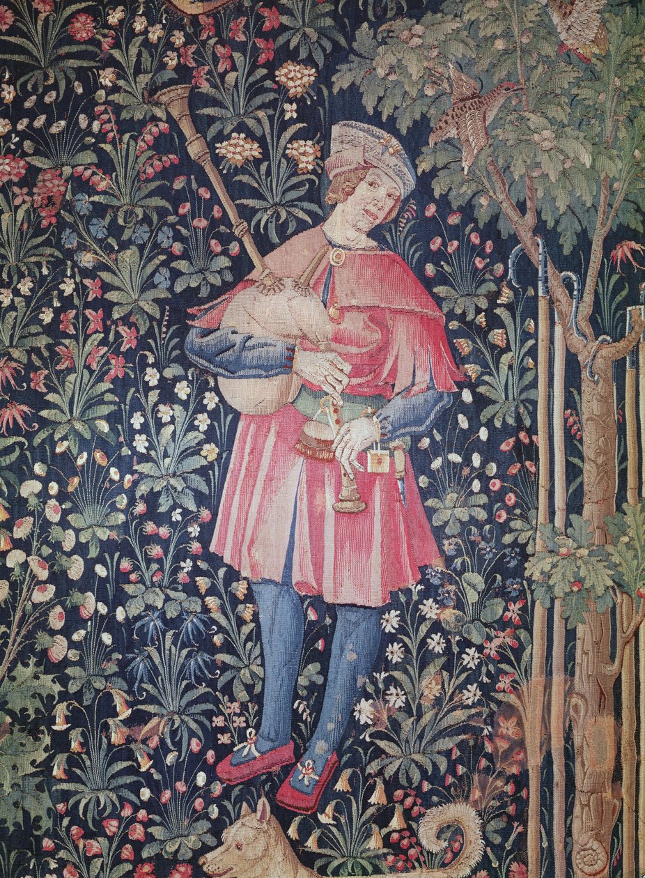 Um homem tocando gaita de foles, detalhe de &39;La Danse&39;, parte de &39;La Noble Pastorale&39;, c.1500 (lã e tapeçaria de seda) de French School