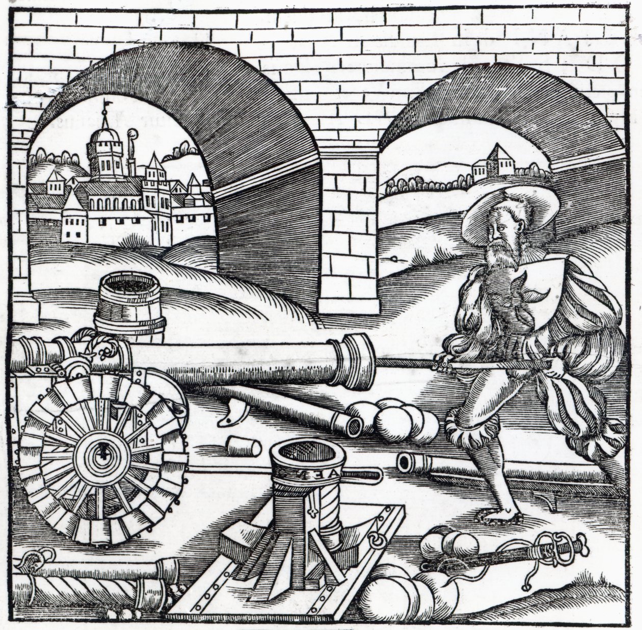 Um homem carregando um canhão, ilustração para &39;De Re Militari&39; por Flavius Renatus (fl.390), impressa por Christian Wechel, Paris, 1532 de French School