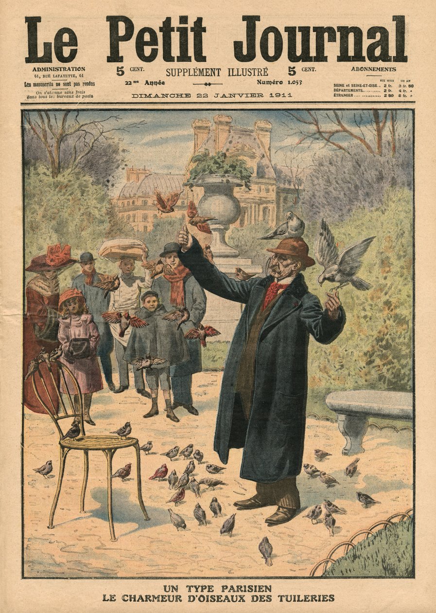 Um tipo parisiense, o encantador dos pássaros das Tulherias, ilustração de &39;Le Petit Journal&39;, suplemento ilustrado, 22 de janeiro de 1911 de French School