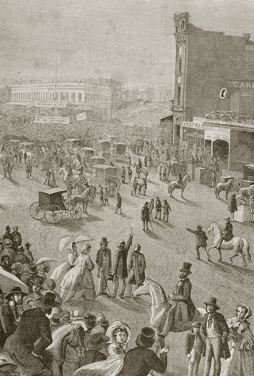 Uma reunião de rua na década de 1850, em São Francisco, da &39;Le Tour du Monde&39;, publicada em Paris, na década de 1860 de French School