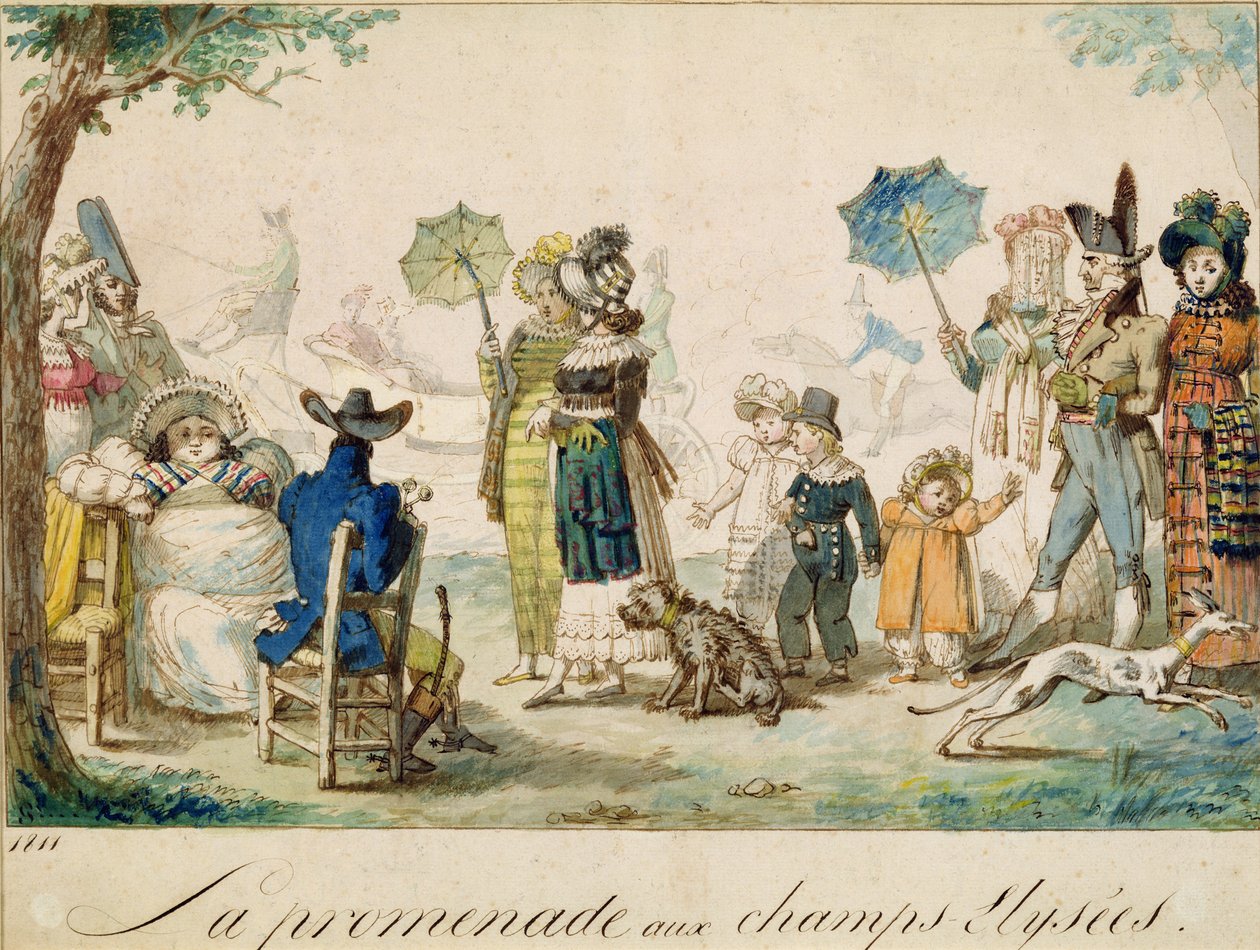 Um passeio no Champ Elysees, 1811 (caneta e tinta no papel) de French School