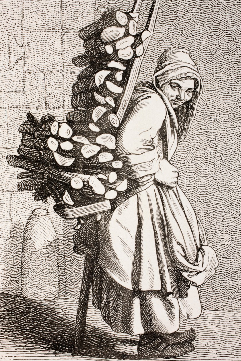 Uma mulher carregando lenha para vender na Paris do século XVIII, 1875 de French School