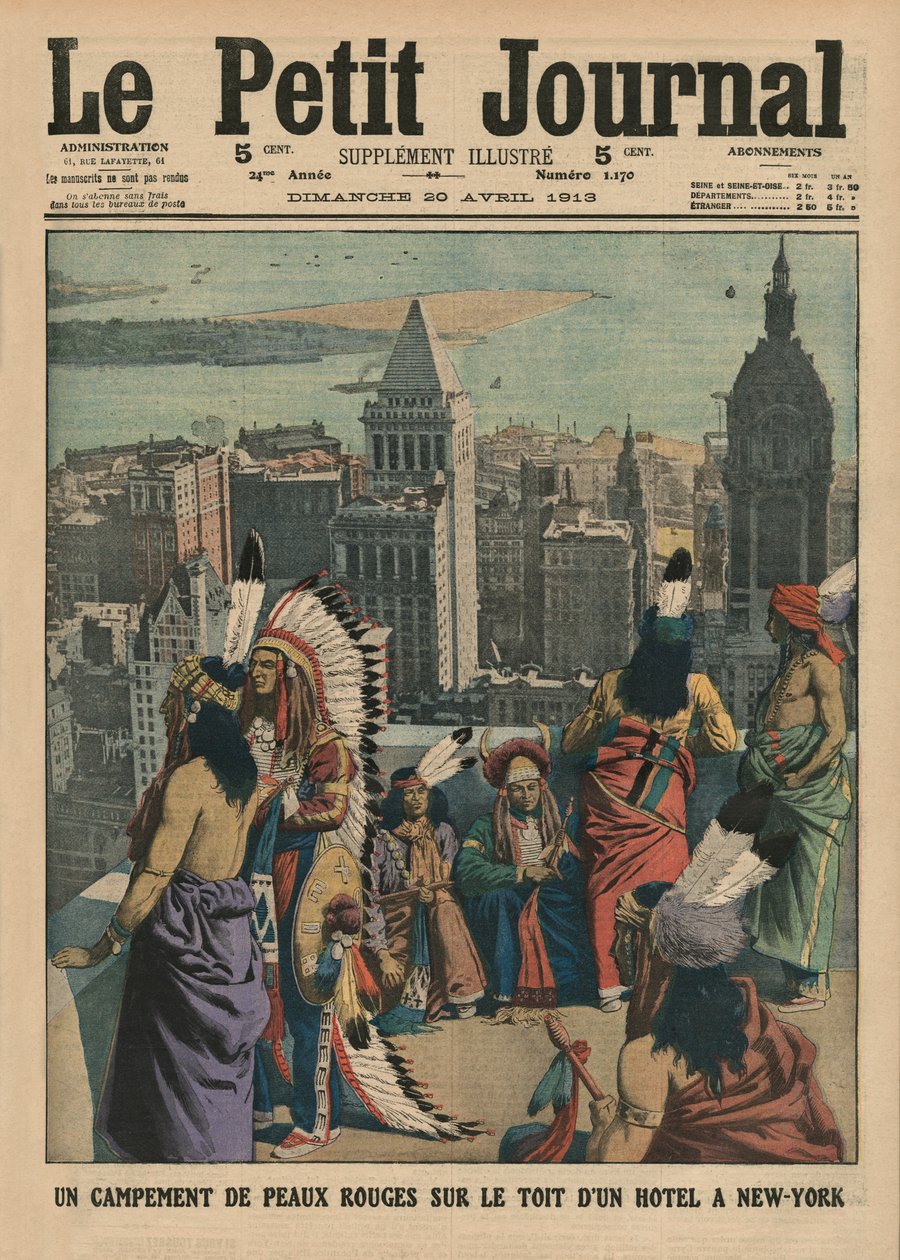 Um acampamento de Redskins no telhado de um hotel em Nova York, ilustração da capa do &39;Le Petit Journal&39;, suplemento ilustre, 20 de abril de 1913 de French School