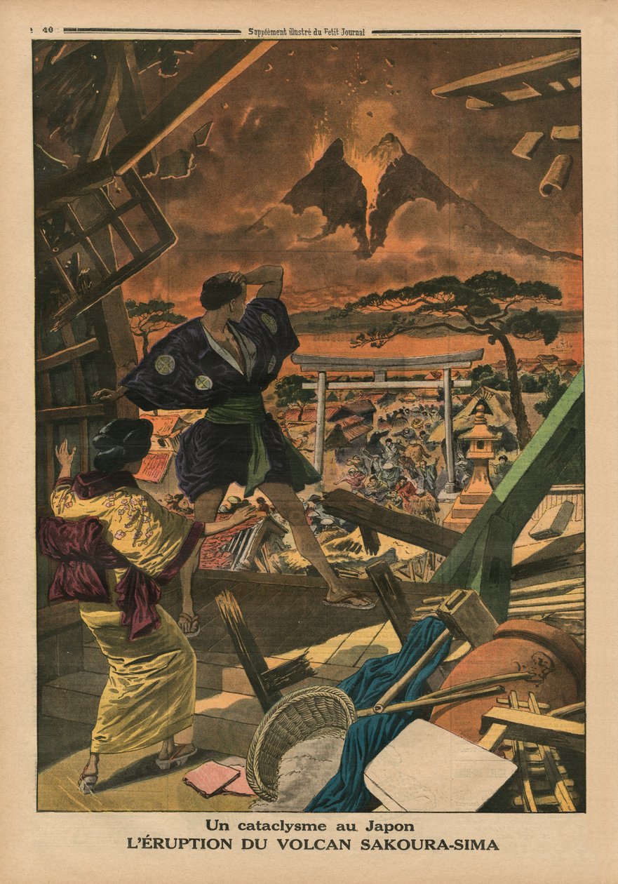 Um cataclismo no Japão, Erupção do vulcão Sakura-jima, ilustração da capa do &39;Le Petit Journal&39;, suplemento ilustrativo, 1º de fevereiro de 1914 de French School