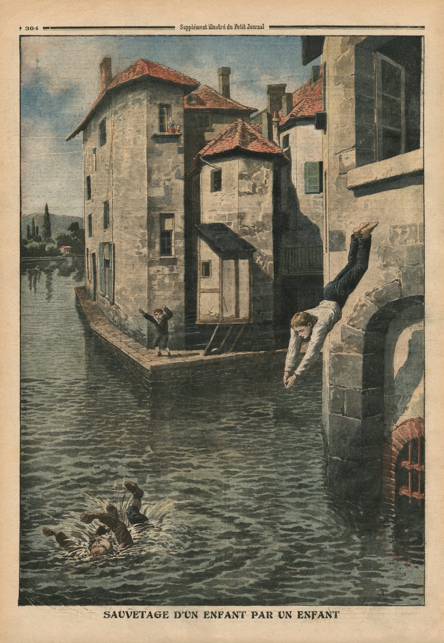 Uma criança resgatando outra criança, ilustração de &39;Le Petit Journal&39;, suplemento ilustrado, 18 de setembro de 1910 de French School