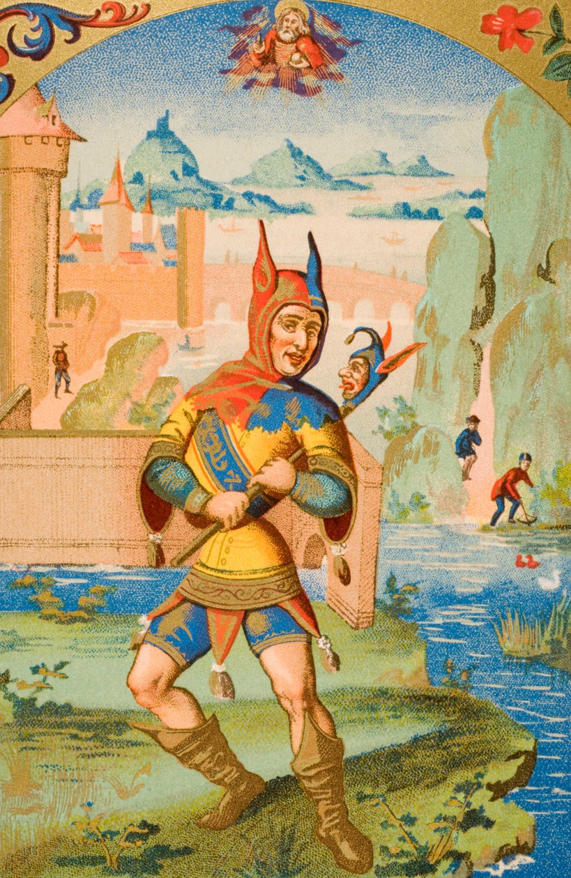 Um tolo da corte, reprodução de uma miniatura de um manuscrito do século 15, de "Le Moyen Age et La Renaissance", de Paul Lacroix (1806-84), publicado em 1847 de French School