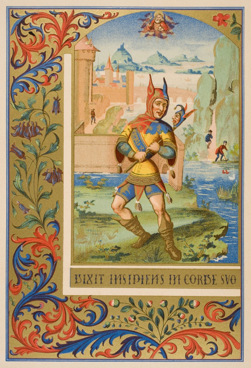 Um tolo da corte, reprodução de uma miniatura de um manuscrito do século 15, de "Le Moyen Age et La Renaissance", de Paul Lacroix (1806-84), publicado em 1847 de French School