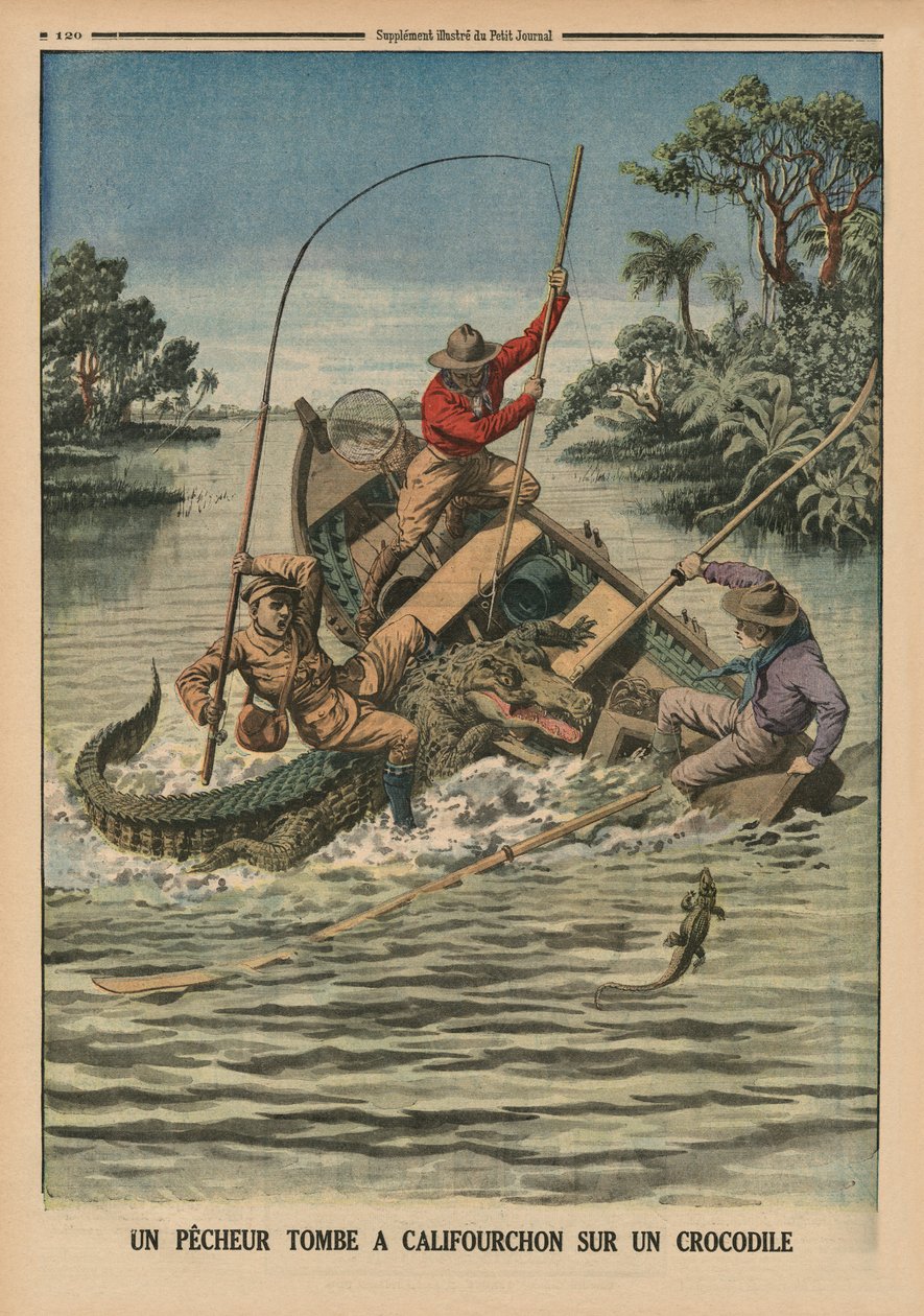 Um pescador montado em um crocodilo, ilustração de capa de &39;Le Petit Journal&39;, suplemento illustrze, 12 de abril de 1914 de French School