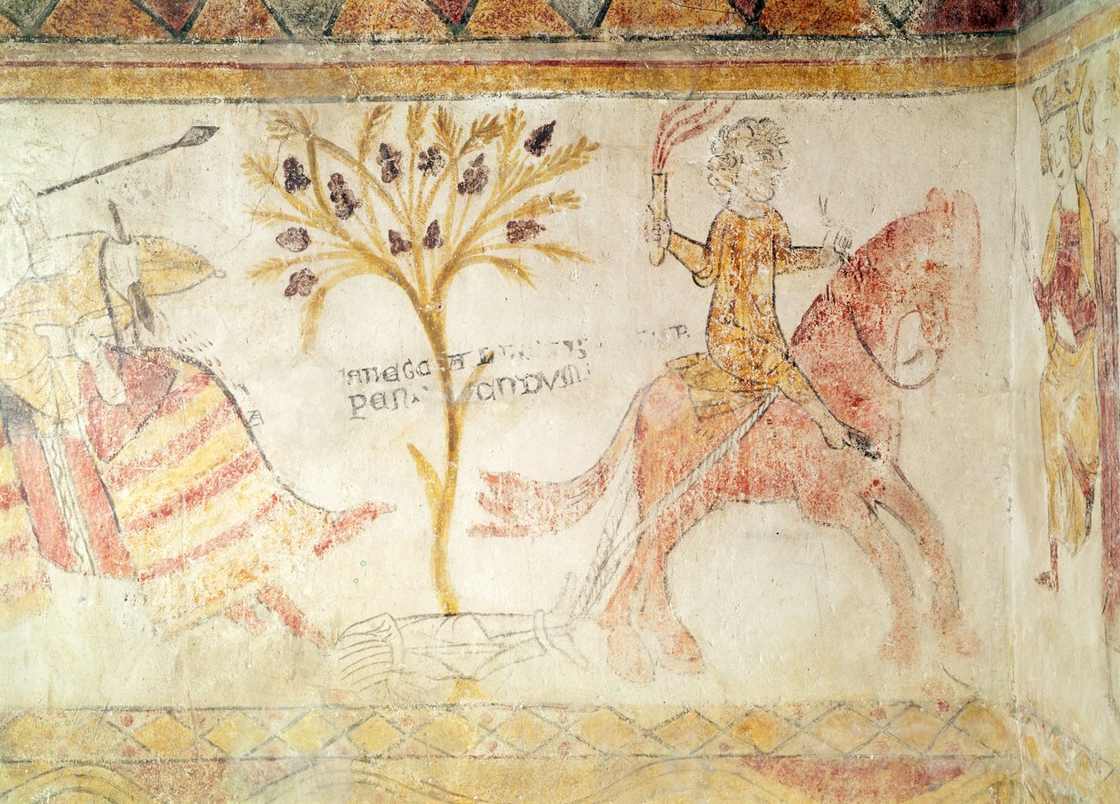 Um cavaleiro carregando uma tocha flamejante arrastando o corpo do rei Manfred (c.1232-66) da Sicília, 28 de fevereiro de 1266 de French School