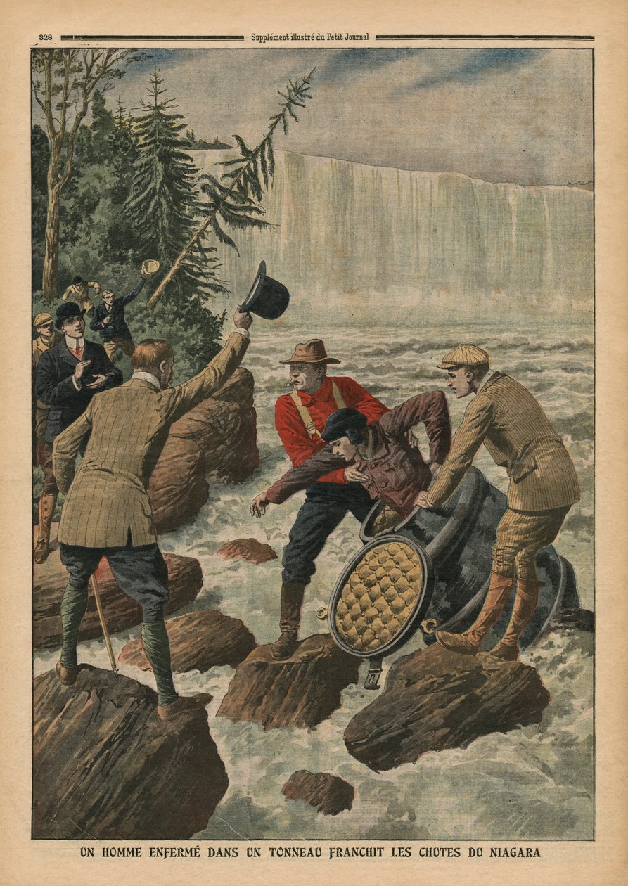 Um homem em um barril cruzando as Cataratas do Niágara, ilustração de &39;Le Petit Journal&39;, suplemento ilustre, 9 de outubro de 1910 de French School