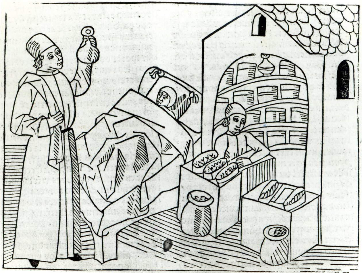 Um paciente com um médico e um farmacêutico do "Livro das Propriedades das Coisas", de Barthelemy, o inglês, 1482 de French School