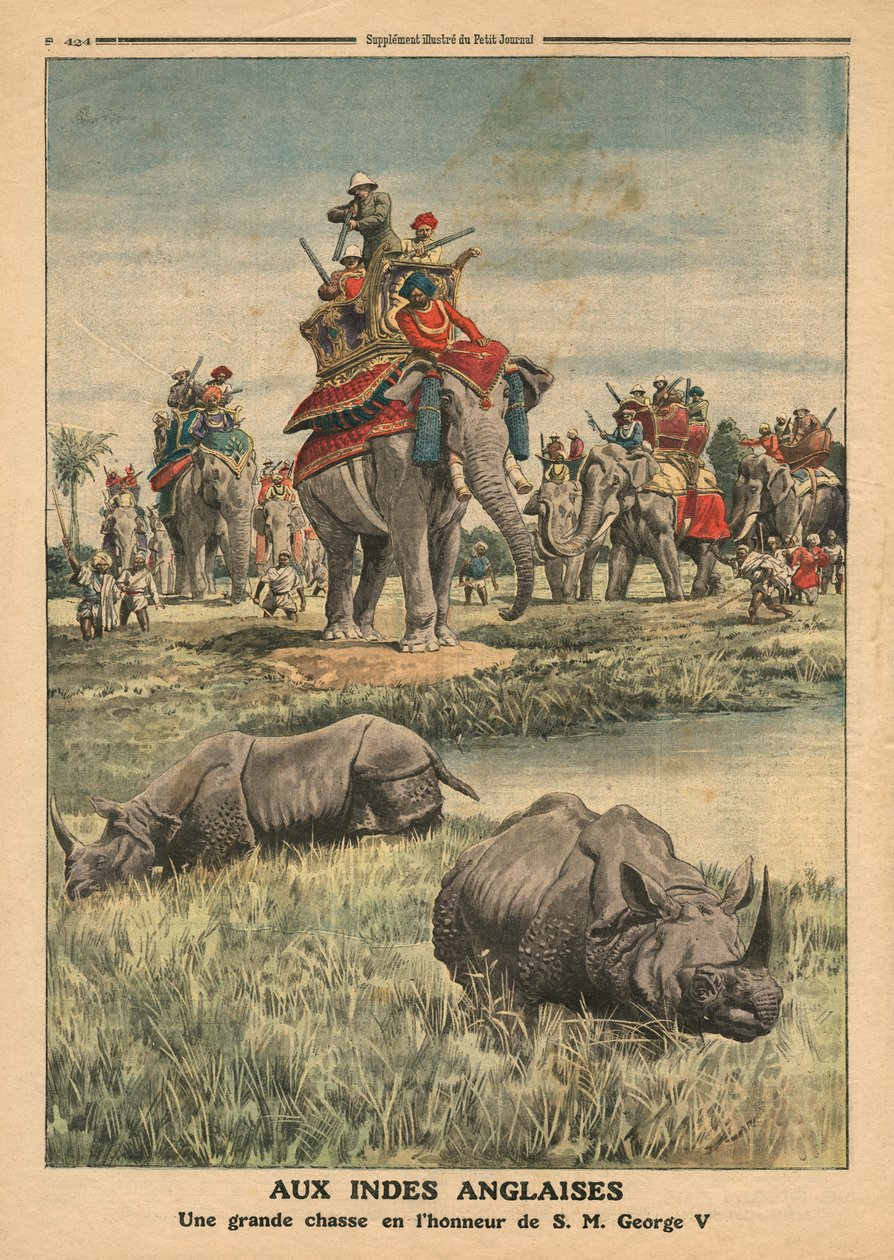 Um rinoceronte caça em homenagem ao rei George V (1865-1936), ilustração de &39;Le Petit Journal&39;, suplemento ilustre, 31 de dezembro de 1911 de French School