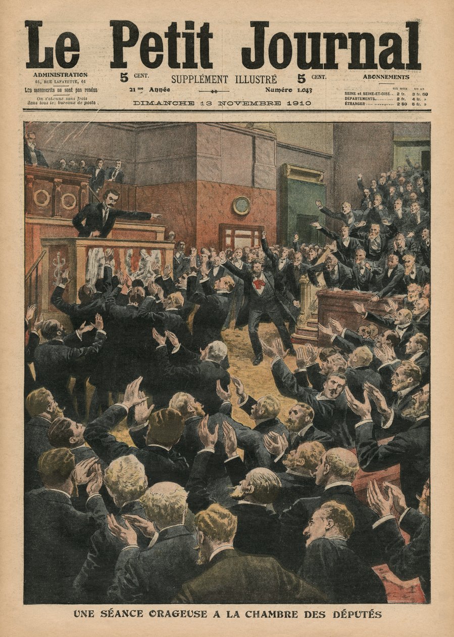 Uma sessão tempestuosa na Câmara dos Deputados, ilustração de &39;Le Petit Journal&39;, suplemento ilustre, 13 de novembro de 1910 de French School