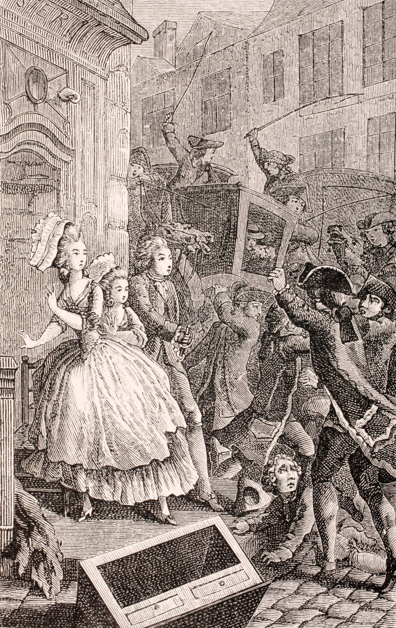 Uma briga de rua em Paris no século XVIII, de "XVIII Siècle Institutions, Usages et Costumes", publicada em 1875 de French School