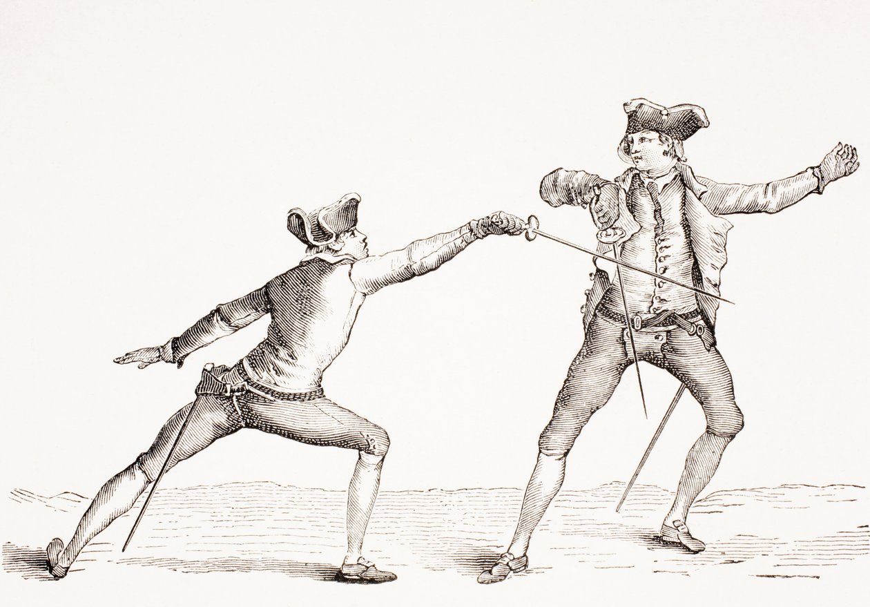 Um espadachim desafia o impulso de seu oponente, de "XVIII Siècle Institutions, Usages et Costumes", publicado em 1875 de French School