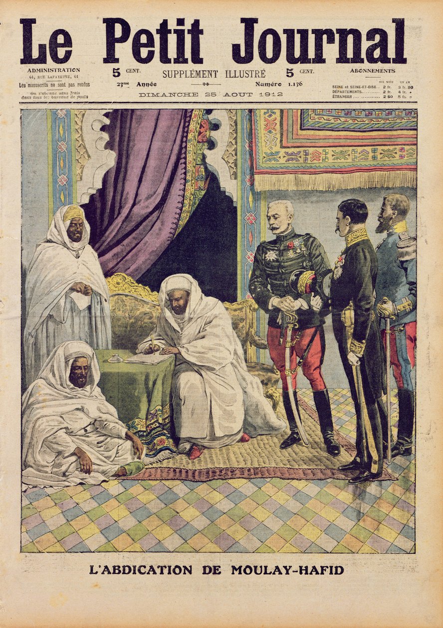 Abdicação de Moulay-Hafid, Sultão de Marrocos, ilustração do &39;Le Petit Journal&39;, 25 de agosto de 1912 de French School